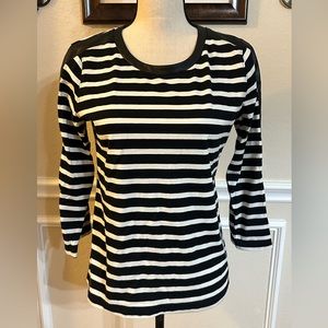 J.Crew 3/4 Sleeve Black/White top - leather trim around neck, shoulder, sleeves
